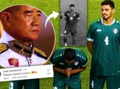 Só sujeito a Allah! O jogador da equipe nacional iraquiana Aymen Hussein se levanta em frente ao oficial do Reino da Tailândia Só sujeito a Allah! O jogador da equipe nacional iraquiana Aymen Hussein se levanta em frente ao oficial do Reino da Tailândia