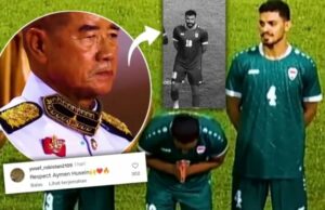 Só sujeito a Allah! O jogador da equipe nacional iraquiana Aymen Hussein se levanta em frente ao oficial do Reino da Tailândia Só sujeito a Allah! O jogador da equipe nacional iraquiana Aymen Hussein se levanta em frente ao oficial do Reino da Tailândia