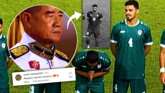 Só sujeito a Allah! O jogador da equipe nacional iraquiana Aymen Hussein se levanta em frente ao oficial do Reino da Tailândia 

