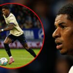 O jogador do Manchester United e da Inglaterra, Marcus Rashford, visto durante a partida da La Liga entre Real Oviedo e Barcelona no Carlos Tartiere Stadium.