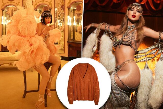 Um modelo usando o novo cardigã laranja de Taylor Swift