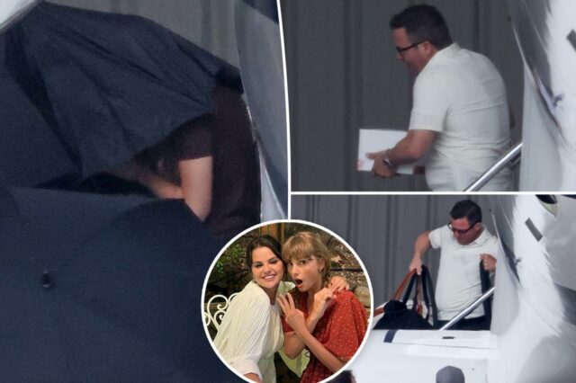 Taylor Swift se esconde sob guarda -chuvas quando ela chega para o casamento de BFF Selena Gomez

