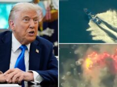 Trump anuncia 3 ‘narcoterroristas’ mortos na terceira greve dos EUA em traficantes internacionais de drogas Imagem de um barco de drogas atacando chamas e fumaça na água.