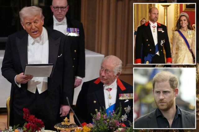 Trump faz escavar no príncipe Harry depois de elogiar William como o rei Charles '' Sonable Son 'no discurso de banquetes estaduais

