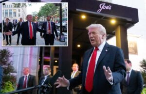 Trump garante com funcionários do gabinete para demonstrar a segurança da DC: ‘O resultado é realmente espetacular’ Donald Trump falando com repórteres fora de um restaurante.