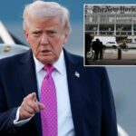 O presidente Donald Trump caminha até a Força Aérea One no Aeroporto de Morristown em 14 de setembro de 2025 em Morristown, Nova Jersey.