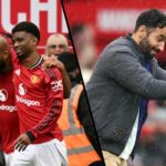 Ruben Amorim cobre o rosto enquanto assiste Manchester United vs Manchester City.