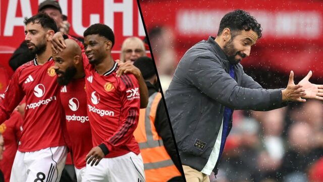 Ruben Amorim cobre o rosto enquanto assiste Manchester United vs Manchester City.