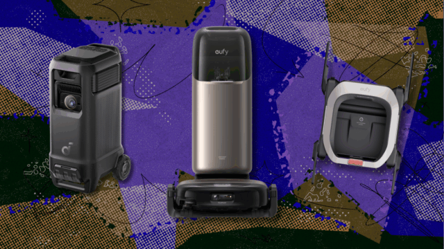 Uma escada subindo a pó robótico? Cada coisinha que vem À esquerda, um eufy robovac omni s2 em sua doca. À direita, o eufy robovac omni s2 em um tapete.