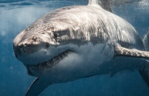 Você tem 20 vezes mais chances de ser hospitalizado por um gato ou cavalo do que um tubarão Close de grande tubarão branco passando mostrando dentes. Fotografado no sul da Austrália enquanto mergulhe em gaiolas.