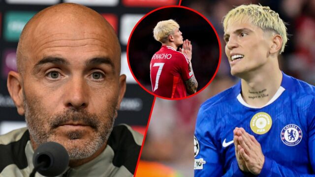 O ex -extremo do Manchester United, Alejandro Garnacho, parece desanimado durante a partida da Liga dos Campeões entre Bayern de Munique e Chelsea na futebol Arena Munique em 2025 em Munique, Alemanha.