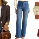 Diane Batoukina usa óculos redondos da Montblanc, um sobretudo bege da Oak & Fort, uma camisa/blusa branca da Max Mara, uma bolsa Chanel de couro preto acolchoado, uma saia de couro com fenda da l'Agence Fashion, segura um celular/smartphone e está usando fones de ouvido com fio, durante uma sessão de fotos de moda de rua, em 05 de setembro de 2025 em Paris, França.