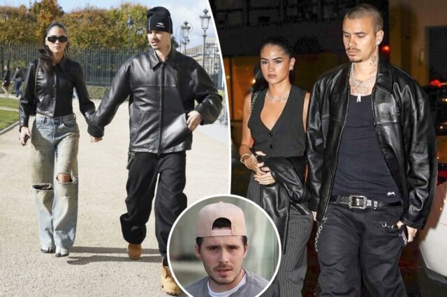 Romeo Beckham e Kim Turnbull de mãos dadas em Paris Romeo Beckham e Kim Turnbull de mãos dadas em Paris depois de reacender o romance enquanto o drama do Brooklyn se intensifica