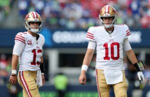 49ers revelam ‘mais do que provável’ QB iniciante versus Falcons Brock Purdy #13 and Mac Jones #10 of the San Francisco 49ers
