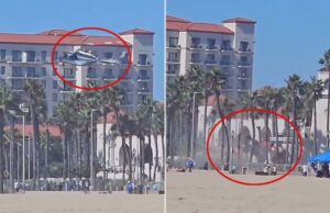 5 feridos depois que helicóptero perde o controle e cai perto da movimentada praia da Califórnia Nuvem de poeira surge de um acidente de helicóptero em Huntington Beach, Califórnia, com banhistas e edifícios ao fundo.