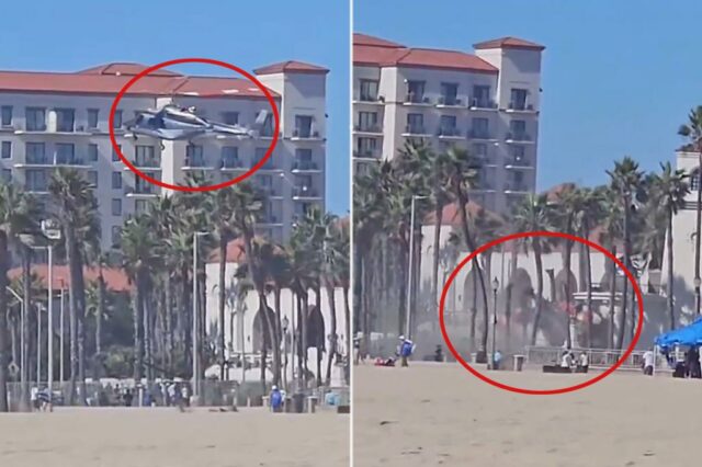 Nuvem de poeira surge de um acidente de helicóptero em Huntington Beach, Califórnia, com banhistas e edifícios ao fundo.
