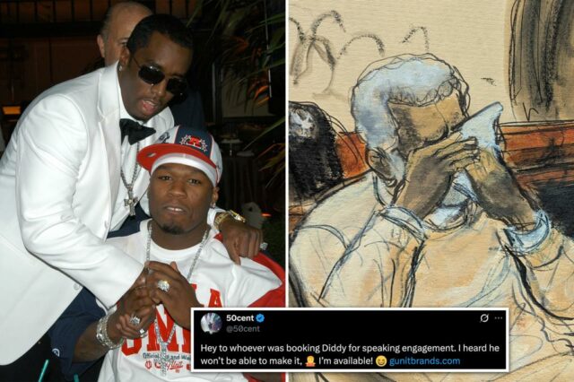 Ilustração de Sean Diddy Combs chorando em um tribunal durante sua audiência de sentença.