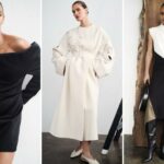 Colagem de três modelos apresentando vários estilos de roupas.