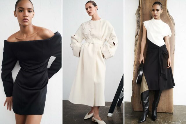 A aparência do luxo tranquilo está evoluindo – veja como Colagem de três modelos apresentando vários estilos de roupas.