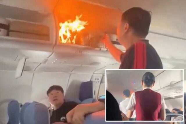 A bateria de lítio pega fogo no voo da Air China em pleno ar, horrorizando os passageiros enquanto as chamas explodem na cabine

