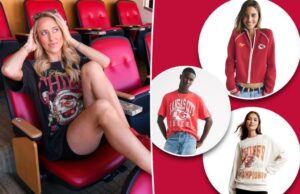 A coleção da NFL aprovada pela Brittany Mahomes, da Abercrombie, é rara de 25% agora Um homem vestindo um suéter branco e vermelho.