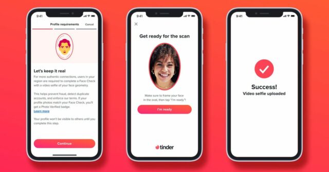A verificação facial obrigatória do Tinder começa hoje, enquanto aplicativos de namoro lutam contra scambots | Capturas de tela mostradas