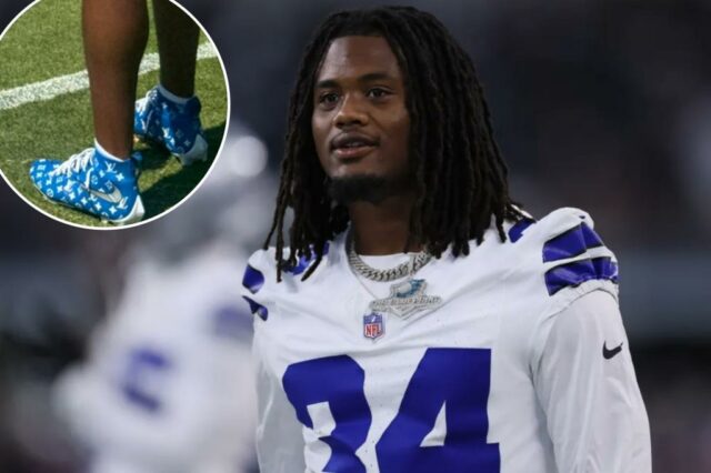 O jogador do Dallas Cowboys, Jaydon Blue, nº 34, em campo antes de um jogo.