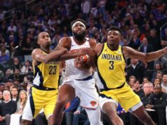 A estratégia de gerenciamento de carga de Mitchell Robinson do Knicks está se tornando mais clara O central do New York Knicks, Mitchell Robinson #23, reage no chão durante o terceiro quarto.