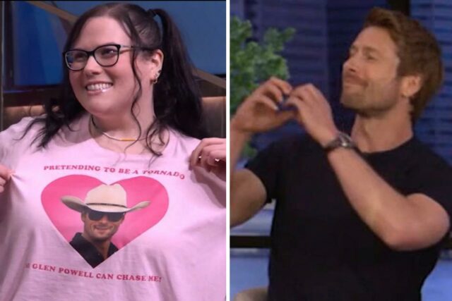 A estrela de 'Twisters' Glen Powell sem palavras após o membro da platéia 'ao vivo' veste uma camisa dizendo que ela está "fingindo ser um tornado" para que ele possa "persegui -la"

