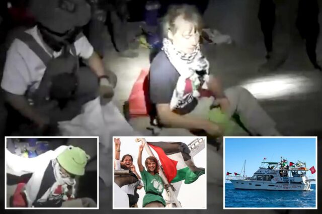 Vídeo ainda de Greta Thunberg sobre a flotilha global de Sumud sendo interrompida pelos membros do serviço israelense.