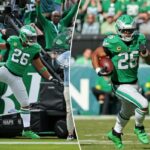 O running back do Philadelphia Eagles, Saquon Barkley # 26, marca um touchdown no 2º quarto.