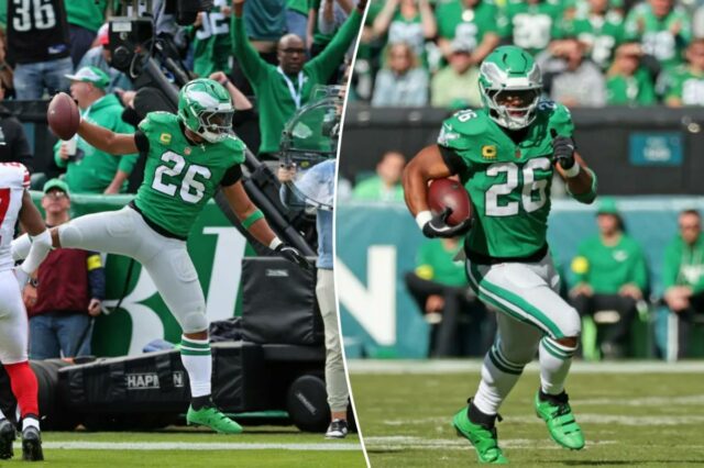 A fuga de Saquon Barkley veio no momento perfeito para O running back do Philadelphia Eagles, Saquon Barkley # 26, marca um touchdown no 2º quarto.