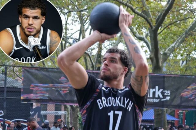 Michael Porter Jr. dispara um jumper durante uma prática recente do Nets em 28 de setembro de 2025.