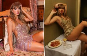 A história por trás do vestido ‘Showgirl’ de Taylor Swift ‘Showgirl’: 13 dias de trabalho e ‘milhares de jardas’ de strass Taylor Swift em uma roupa de arco e meias de fishnet, encostada em uma parede e sentada em uma mesa com um prato de espaguete e um martini.