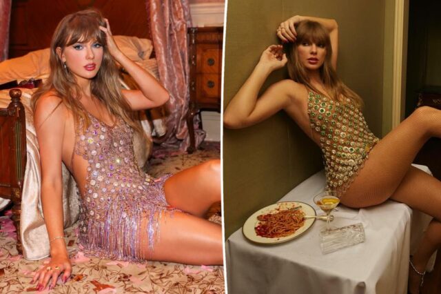 Taylor Swift em uma roupa de arco e meias de fishnet, encostada em uma parede e sentada em uma mesa com um prato de espaguete e um martini.