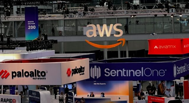 Conference floor with booths from companies like AWS, Palo Alto Networks, Rapid 7 and others taken from above.