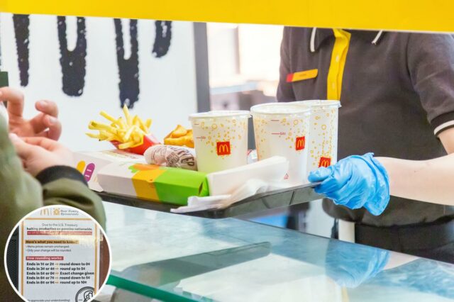 A mudança de pagamento do McDonald's confunde os clientes que Uma placa da Bear Family Restaurants, uma franqueada do McDonald's, afirmando que, devido à suspensão da produção de centavos pelo Tesouro dos EUA, o troco em dinheiro será arredondado para os 5 centavos mais próximos.