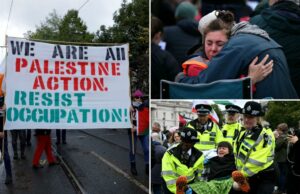 A polícia de Londres prende dezenas de manifestantes contra a proibição de ação da Palestina – dias após o ataque mortal da sinagoga de Manchester A polícia de Londres prende dezenas de manifestantes contra a proibição de ação da Palestina - dias após o ataque mortal da sinagoga de Manchester