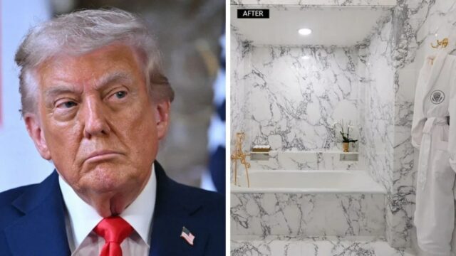 A remodelação ornamentada do banheiro Lincoln de Trump é ridicularizada A remodelação ornamentada do banheiro Lincoln de Trump é ridicularizada como 'surda' e pior: 'Lugar perfeito para armazenar documentos classificados'