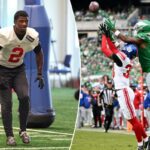 O cornerback do New York Giants, Deonte Banks # 2, durante o treino no centro de treinamento do New York Giants em East Rutherford, Nova Jersey.
