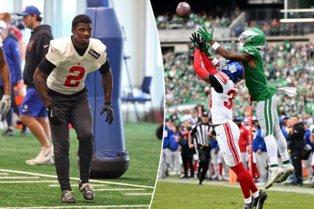 A secundária dos Giants pode dar aos fãs um verdadeiro O cornerback do New York Giants, Deonte Banks # 2, durante o treino no centro de treinamento do New York Giants em East Rutherford, Nova Jersey.