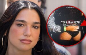 A segurança e a segurança da Dua Lipa bate a mão do seguidor enquanto ela se move em direção à bunda dela, no videoclipe Dua Lip and Fan Getty Tiktok 1