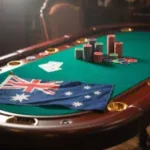 Uma fotografia de uma mesa de jogo de mogno polido banhada por luz quente e difusa com uma bandeira australiana. ACMA reprime sites ilegais de jogos de azar online à medida que mais são bloqueados