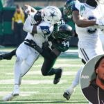 O linebacker do New York Jets, Jamien Sherwood (44), falando em uma entrevista coletiva.