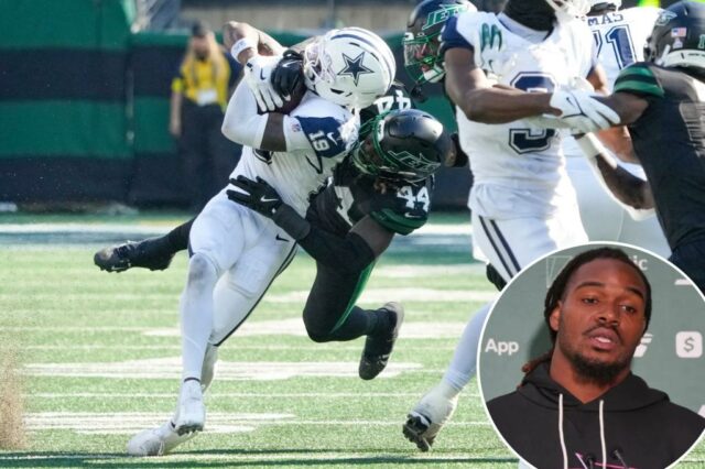 O linebacker do New York Jets, Jamien Sherwood (44), falando em uma entrevista coletiva.