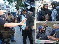 Agentes do ICE fazem prisões na Canal Street, em Chinatown, em Nova York, em um esforço para reprimir vendedores ilegais Agentes do ICE fazem prisões na Canal Street, em Chinatown, em Nova York, em um esforço para reprimir vendedores ilegais