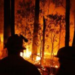 Equipes do CFA monitoram incêndios florestais e iniciam queimadas entre as cidades de Orbost e Lakes Entrance, no leste de Gipplsland, em 2 de janeiro de 2020, na Austrália.