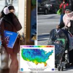 Mapa de previsão de temperatura dos Estados Unidos contíguos mostrando temperaturas congelantes em 10 estados.