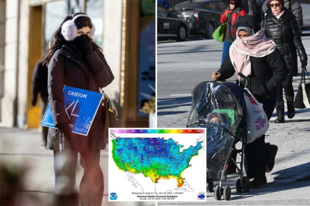 Mapa de previsão de temperatura dos Estados Unidos contíguos mostrando temperaturas congelantes em 10 estados.