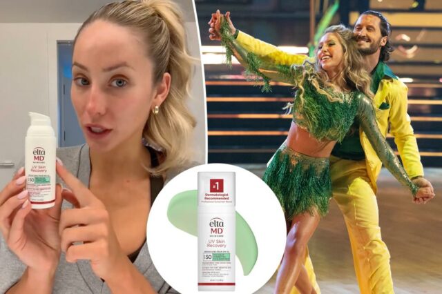 ELTAMD UV Skin Recovery SPF 50 Protetor solar vermelho de cor vermelho em uma garrafa de bomba branca com uma amostra verde atrás dela.